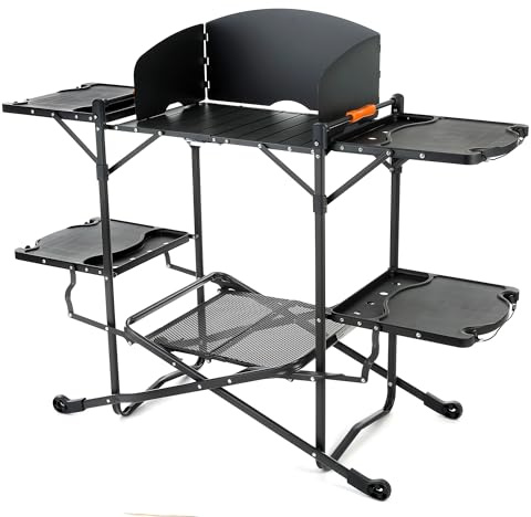 ARROWHEAD OUTDOOR 54 Wide Quick Folding Kitchen Station with Add-on Windscreen, 4 Side Tables, Aluminum Tabletop, Tool-Hanging Cord, 154 LBS Max Weight Load, for Patio BBQ and Camping