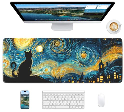 Velluxion Mouse Pad 31.5x11.8in Large Desk Mat Non-Slip for Office | Stitched edges prevent fraying, rubber non-slip base keeps pad stable, large mousepad for home, work and gaming, Van Cat