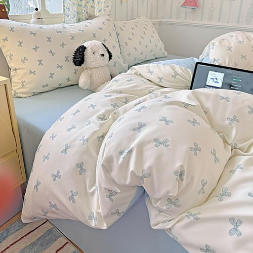 Covebett Bettwäsche 135x200 2teilig Weiß Blau Schleifen 1 Kissenbezug 80x80 | Schleifenmuster, Bettbezug Set Weich Microfaser, Mädchen Kinder, Aesthetic Kawaii, ÖKO-TEX, Deckenbezug mit Reißverschluss