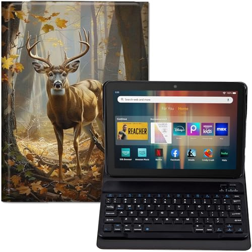 GYSYZJDH Tastaturhülle für Fire HD 8 & HD 8 Plus (12. / 14. Generation, Version 2024/2022), PU-Leder, Standhülle mit abnehmbarer Bluetooth-Tastatur, Herbst-Hirsch 02