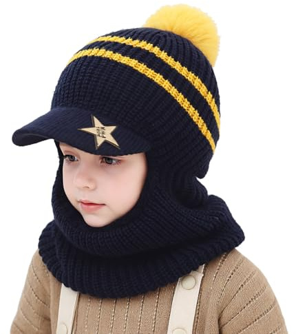 AYPOW Barn slip-mössa flickor pojkar varm vintermössa termo fleece fodrad stickad mössa halsduk mössa vindtät mössa balaclava med tofs huva loop halsdukar småbarn