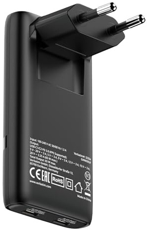 Verbatim Chargeur Fold’n’Go GaN 65W, Chargeur Pliable USB-C, Adaptateur Secteur avec 2 Ports USB-C Power Delivery 3.0, Chargeur Rapide multiports, pour Ordinateur Portable, Tablette, Smartphone, Noir