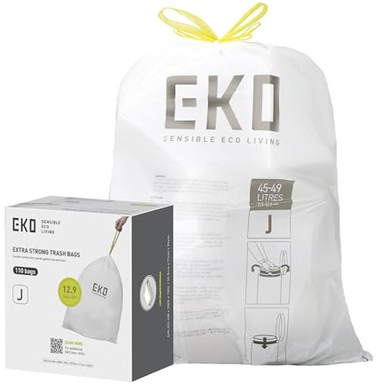 EKO 12.9 Gallon / 45-49 Liter, 110 Count Drawstring Trash Bags, Extra-Strong Unscented Garbage Bags, Easy-Dispense Roll for Kitchen & Household Use, Resists Tears, Leaks and Punctures, Code J, White