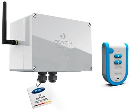 ODYON PRO Power-Set 2, Langstrecken-Funkschalter, 1000m drahtlose Reichweite, 230 V, 2000 W Schaltleistung, bidirektionaler Funk mit Empfangskontrolle, 2-Kanal Handsender + wetterfester Wand-Empfänger
