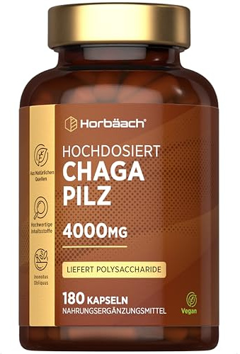 Chaga Pilz Kapseln | 180 Capsules | Pilz Extrakt Hochdosiert | 40000mg Mushroom Supplement | by Horbaach
