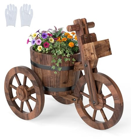RELAX4LIFE Jardinière Tricycle en Bois de Sapin Carbonisé, Pot de Fleurs à 3 Roues, Dia. 21,5 CM, Trou de Drainage, Porte Plante Décoratif pour Patio Balcon Jardin