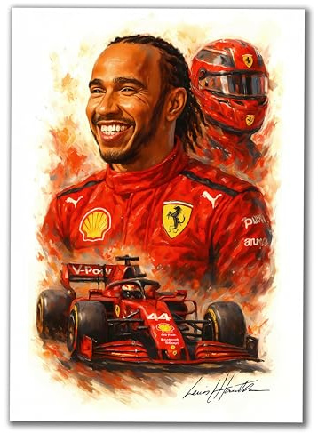Lewis Hamilton A4-Kunstdruck, Rennfahrer-Porträt, Aquarell-Stil, rote Formel 1 Auto-Poster