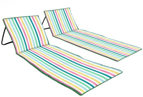 just be... 2er Set Strandmatte mit Rückenlehne klappbar – leichte, gepolsterte Strandliegen faltbar mit Reißverschlusstasche & Schultergurt – ideal für Camping & Strand | Mehrfarbig gestreift hell