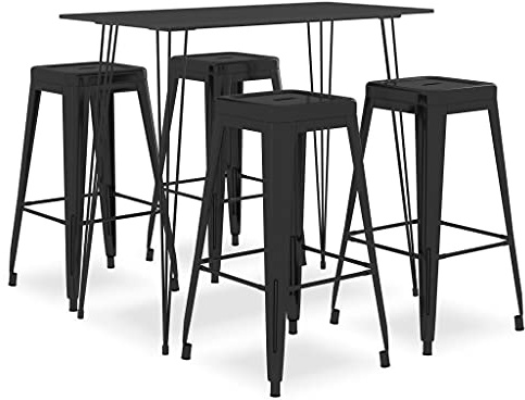 Ordellia 5 tlg Bar Set Schwarz mit Bartisch 120 x 60 x 105 cm und 4 stapelbaren Barhockern aus Metall und MDF, Tischgruppe für Küche Esszimmer Garten Terrasse bis 110 kg pro Sitz