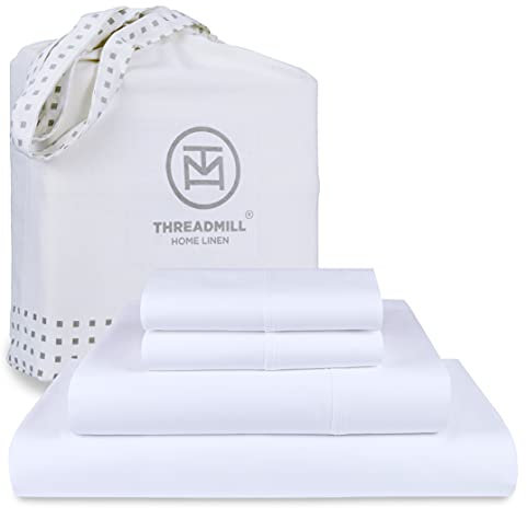 Threadmill Bettlaken-Set aus Baumwolle, 100 % Baumwolle für großes Bett, solides Satin, komplettes Bettwäsche-Set mit 40,6 cm elastischer, tiefer Tasche, weich, atmungsaktiv, 4-teilig, kühlendes