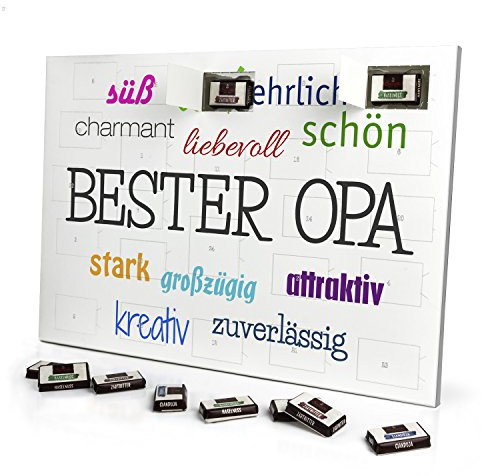 printplanet - Adventskalender mit Namen Bester Opa - gefüllt mit Schokoladen-Füllung - personalisiert mit Namens-Motiv Positive Eigenschaften - Schoko-Kalender, Weihnachtskalender