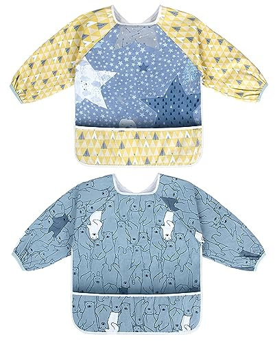 Viedouce Baby Lätzchen mit Ärmeln, Wasserdicht Ärmellätzchen, Baby Drool Lätzchen mit Vordertasche, Fütterung Lätzchen Schürze für Jungen Mädchen von 6 Monaten bis 3 Jahren (2er Pack)