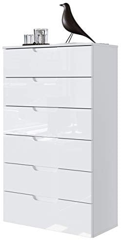 Newfurn Kommode Weiß Hochglanz Weiß Sideboard Landhaus Modern - 70,3x116,9x34,1 cm (BxHxT) - Highboard Anrichte - Wohnzimmer Schlafzimmer Flur Esszimmer