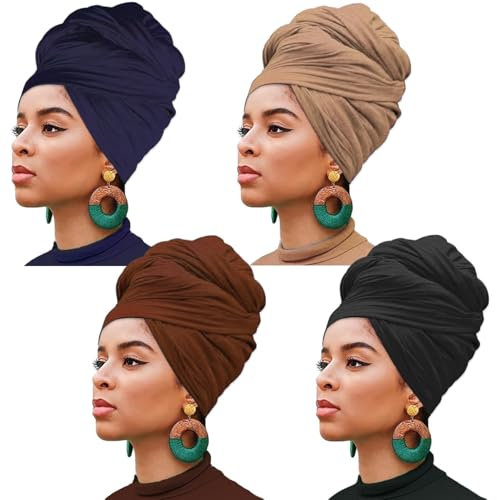 XTREND Stretch-Jersey-Kopfband, gestrickt, Turban, urbanes Haarband, Schal, modisch, einfarbig, atmungsaktiv, ultraweich, extra lang, für Damen, Schwarz, Kaffee, Marineblau, Kamel, Einheitsgröße