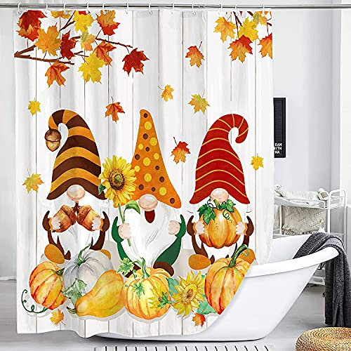NEWSUYAA Herbst Duschvorhang für Badezimmer, Herbst Zwerg Bauernhaus rustikaler Herbst Kürbis Ahornblätter Wichtel Badvorhänge für Thanksgiving Home Decor (S3, 71WX71L)