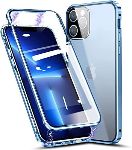 WEYNRBOX Case for Apple iPhone 13 Pro Max Magnetic Cover,Double-sided Tempered Glass Phone Case,Front and Back Metal Bumper 360 Full Cover Built-in Camera Protection for iPhone 13 Pro Max-Clear Blue