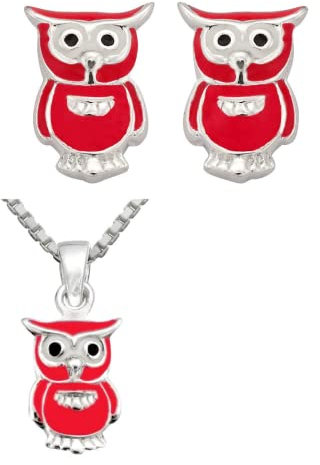 Smykkeline Mädchen Schmuck Set Halskette Ohrstecker Silber 925 Eule-Anhänger Rot 1568R