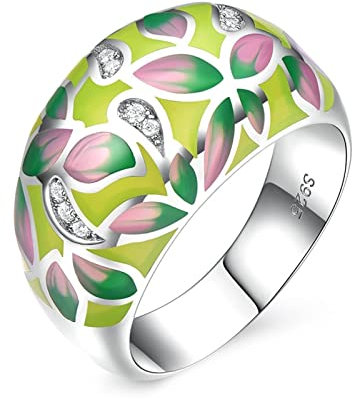 Musihy S925 Ring, Verlobungsringe Paar Emaille Blumenblätter Zirkonia Silber Ringgröße 60 (19.1)