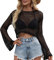 Women's Y2k Crochet Fishnet Long Sleeve Top Vintage Hollow Out Knit See Through Tee Shirt Summer Beach Cover Up (B-Black, L)