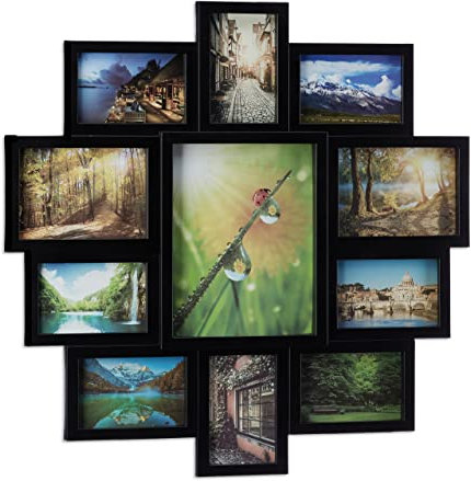 Relaxdays 1 x Bilderrahmen Collage, Bildergalerie, 11 Fotos, Fotorahmen zum Aufhängen, für mehrere Fotos in ver. Größen, schwarz