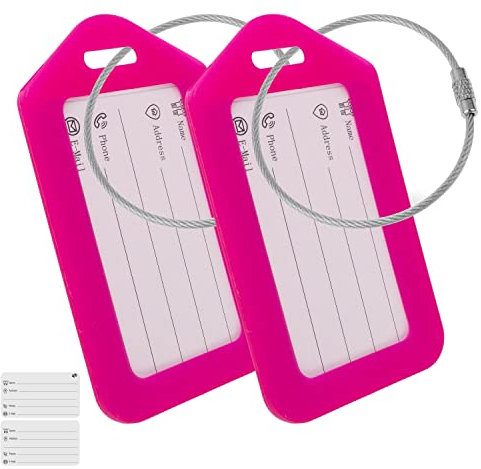 Kofferanhänger mit Adressschild, 2 Pack, in Pink, Kunststoff Schild, für Flugreise, Kreuzfahrt, Koffer Tag Gepäckanhänger, Namensschild, Adressanhänger, Taschenanhänger, Reise ID Etikett Aufhänger
