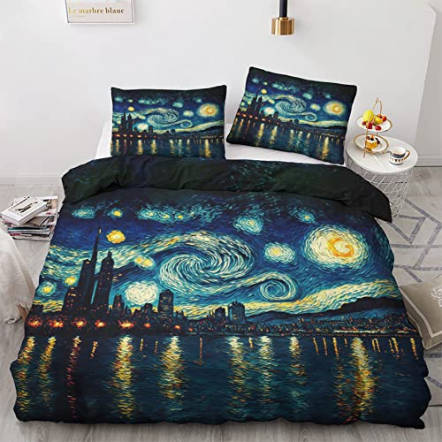 GEDAEUBA Sommer Bettwäsche 155x220 Van Gogh Sternennacht - Ölgemälde Bettbezug 155x220 3 teilig, Wendebettwäsche und Kissenbezug 80x80, Weiche Mikrofaser Bettwäsche-Sets mit Reißverschluss