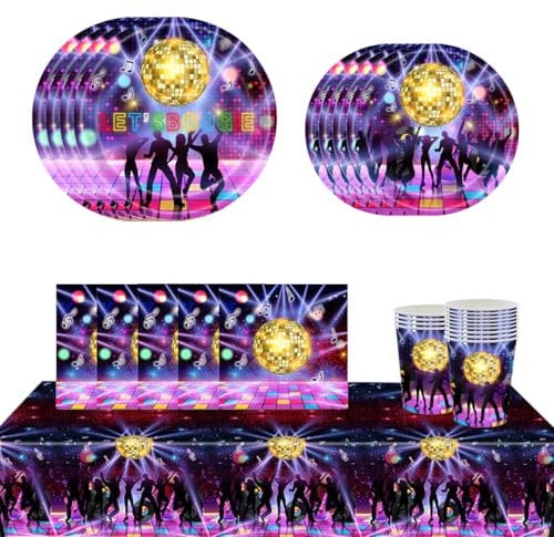 PIUMOJ Disco Vaisselle Anniversaire, Disco Vaisselle de Fête, Disco Ball Party Vaisselle, Assiettes, Tasses, Serviettes, 70s 80s 90s pour Fête à Disco Décorations, Party Tableware Set, 16 invités