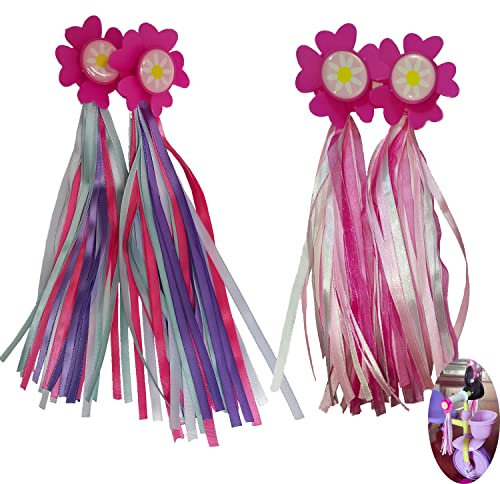 YehVeh 2 Paar Kinder-Fahrrad-Luftschlangen, Regenbogen-rosa Blumen-Quasten, Fahrradlenker, Streamer-Griffe, Scooter-Band, Dekor für Jungen, Mädchen, Dreiräder, Trike, BMX, Laufräder