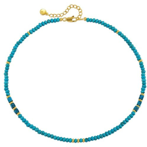 TreasureBay Collier de Perles de Pierres Précieuses Fait à la Main pour Femmes et filles - Collier D'empilage de Perles ras du Cou (Turquoise avec perles plaquées or)