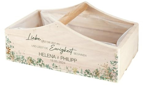 Geschenkkorb mit Druck oder Gravur zur Hochzeit, dem Jahres- oder Valentinstag (Liebe hält die Zeit an)