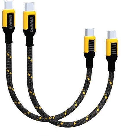 DEWALT Heavy Duty Short Usb C To Usb C 60W Cable (2 Pack 6In.), Durable Type C Fast Charging Nylon Braided Cord, Compatible With Iphone 16/15 Series, Android Samsung Galaxy S24/S23/S22/ Ultra