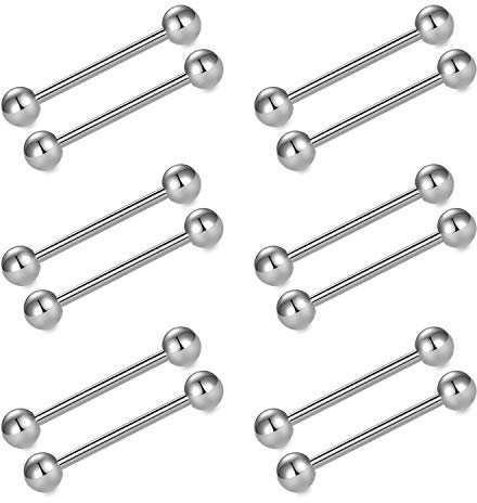 FECTAS 12stk Zunge Bars Nippel Bars Nippel Piercing Schmuck 14G 18mm Zunge Bar Piercing Edelstahl Silber Schwarz Nippel Zunge Piercing Schmuck