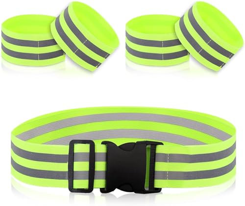 5 Stück Elastisch Reflektorbänder, 1 Reflektor Gürtel Verstellbaren, 4 Reflektorband Fahrrad Draussen, Reflektoren Joggen Set, Reflektierende Sicherheits Armband für Wandern Usw, Fluoreszierende Grün