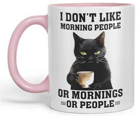 Vixar I Don't Like Mornings People cat Cats Sarcastic Joke Ceramic Coloured Mug Cup for Tea Coffee Hot Brew 330ml 11Oz (Pink)
