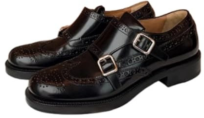 ANUFER Damen Elegant Doppelter Mönch Brogues Niedriger Blockabsatz Schwarz Leder Anzug-Schuhe Schwarz SD5A40222 EU36