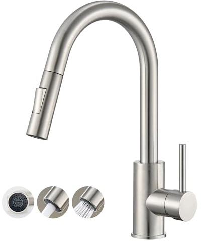 KPW Kitchen Faucet with Pull-Down Sprayer, Brushed Nickel, High-Arc Single Handle, Stainless Steel, Fits 1 or 3 Hole Sink