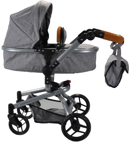 Bandits and Angels Modern Angel 4-in-1 Retro Grey Megapack Puppenwagen ab 3 Jahren für Mädchen – Spielzeug-Kinderwagen, Buggy, Puppenbett und Wippe – Rollen – mit Wickeltasche – Grauer Puppenwagen