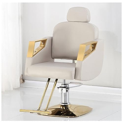 Llchaensc Friseurstuhl Mit Kopfstütze, Friseursessel Höhenverstellbar Kippbar Für Herren Damen, Friseureinrichtung Bedienungsstuhl Vintage Retro, Kunstleder,Beige,B