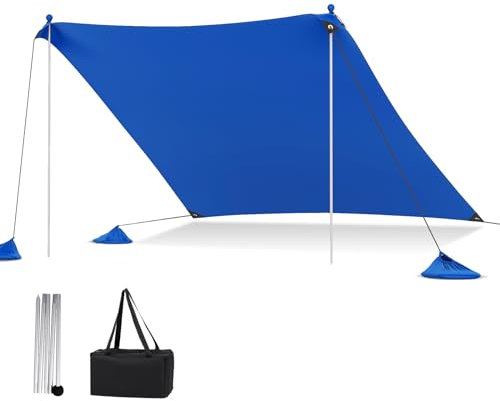 HOMASIS Tente de Plage Anti-UV, Abri de Plage pour 1-4/4-8 Personnes, Voile d'Ombrage avec 2 Barres de Support et Sac de Transport, Ancrages de Sable et 4 Sacs de Sable (Bleu, 300 x 300 cm)