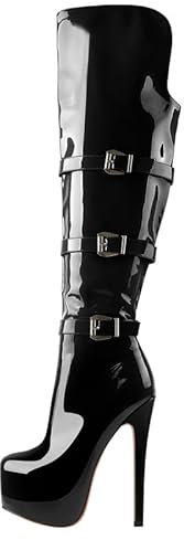 MissHeel Plateau Stiefel Overknee Schnallen High Heels Boots verzierte Schnallen Reißverschluss Lack Schwarz Stiefel EU 43