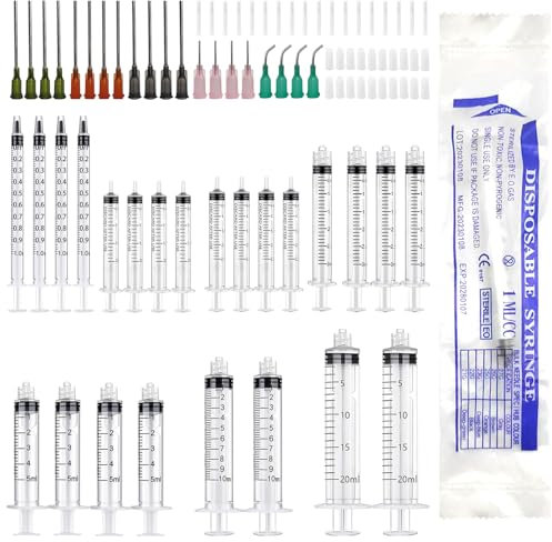 XWCHASA 20PCS Plastic Syringe, 1ml 2ml 3ml 5ml 10ml 20ml Syringes with Blunt Needles and Caps for DIY Craft, Refilling and Measuring Liquids,Oil, Ink Syringe