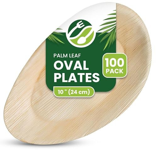 Eco Leaf 100 Disposable Palm Leaf Plates | 10 (25cm) Oval Large Compostable Plates | Eco-Friendly, Biodegradable Heavy-Duty Plate for Wedding, Party and Picnic | Microwave & Oven Safe