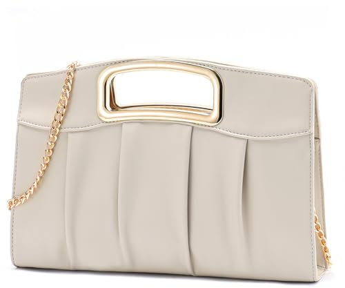 RAVUO Clutch Damen, Kleine Handtasche Umhängetasche Elegant Abendtasche Damen aus Pu-leder Mode Klatsch Tasche mit Kette Clutch Beige für Hochzeit Freizeit Party
