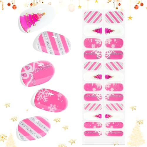 EBANKU 24PCS Noël Ongles Autocollants Adhesif, Noël Faux Ongle Autocollant Semi Durci UV, Autocollant Ongle Gel pour Ongles UV/LED Lamp Required Bandes de Vernis à Ongles en Gel