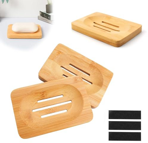 HERKINDNESS Soap Holder, 3 Stück Naturholz Seifenablage, mit Ablaufloch Seifenschalen, Badezimmer Seifenhalter, mit Antirutschmatte, Geeignet für Bad Küche Waschbecken