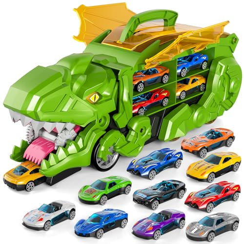Ci Vetch Kleinkind Auto Spielzeug für 3-6 J. Jungen - 10 Druckguss Autos, Dinosaurier Transporter LKW, Verwandelt sich in Dino, Grün