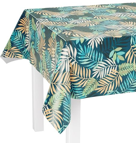 LILENO HOME Tischdecke abwaschbar als Meterware 220x140cm (Schnittkante) in Farn blau Motiv - Wachstuchtischdecke wasserabweisend ideal als Tischtuch o. Tischläufer für Bierzeltgarnitur