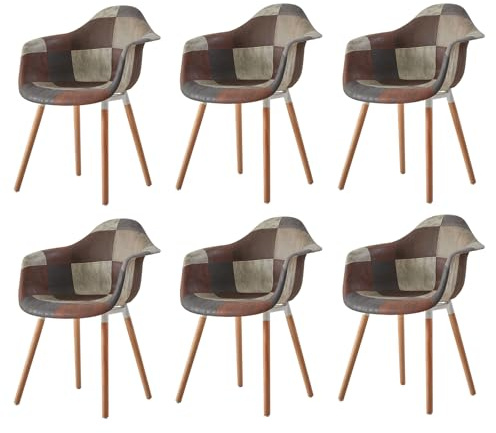 DEYARNA HOME 6er Set Mid-Century Moderne Esszimmerstühle, Küchensessel mit Gepolstertem Sitz und Buche-Holzbeinen, Braun (Gepolstertes Leder)
