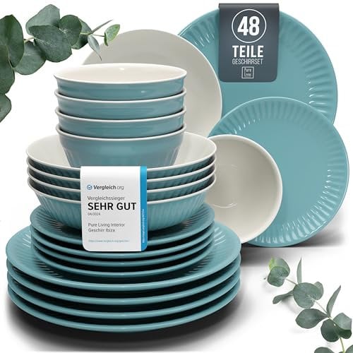 Steingut Geschirrset 12 Personen Hygge 48 tlg. TESTSIEGER, Traumhaftes Skandinavisches Steingut Geschirr Set, Schüssel- und Teller Set, Tafelservice 12 Personen, Geschirrsets Pure Living in Petrol