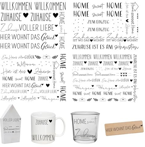 FloraVigo Rub On Sticker ca.A5 19x14cm-Abwischbare Folie für Weihnachtsdekoration, Keraflott, Zuhause, Möbel, Glas, Holz, Fotoalbum, DIY-Dekoration, Aufkleberästhetik(4PCS) (Klötzchen Home)